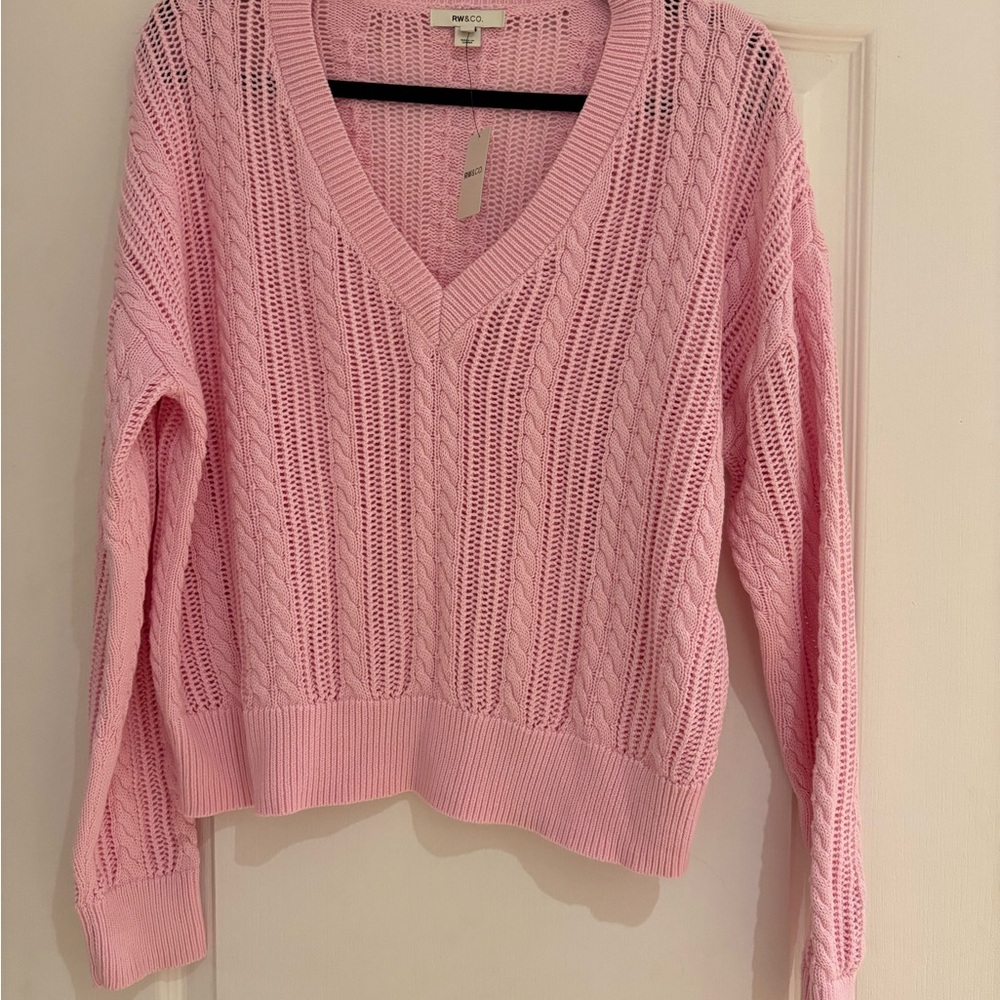 RW&CO. Pink V-Neck Cable Knit Sweater
